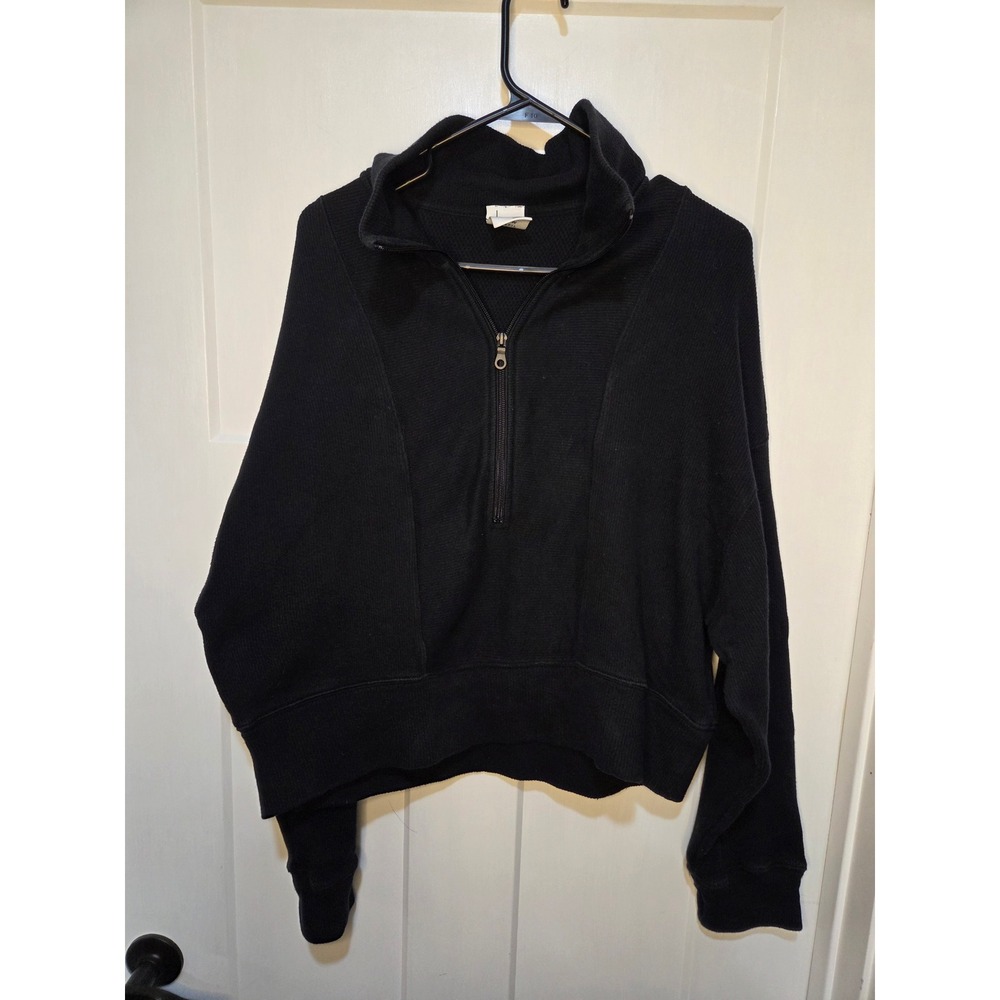 OFFLINE by Aerie Womens Black Waffle Knit Quarter Zip Pullover Sweatshirt Large